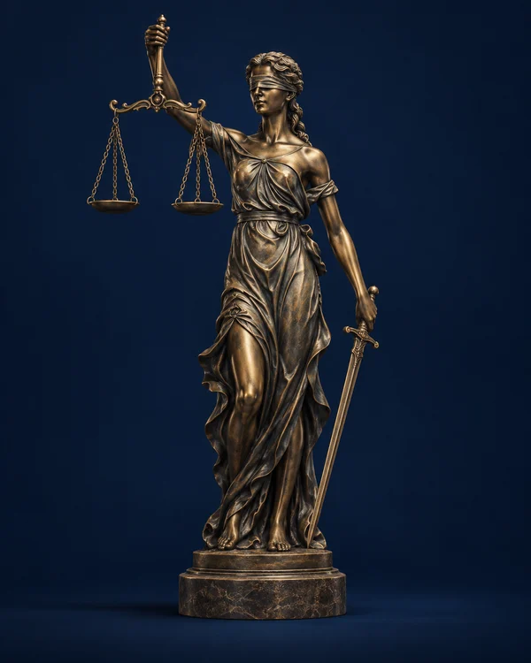 Figura de la Justicia en bronce con balanza y espada sobre fondo azul profundo